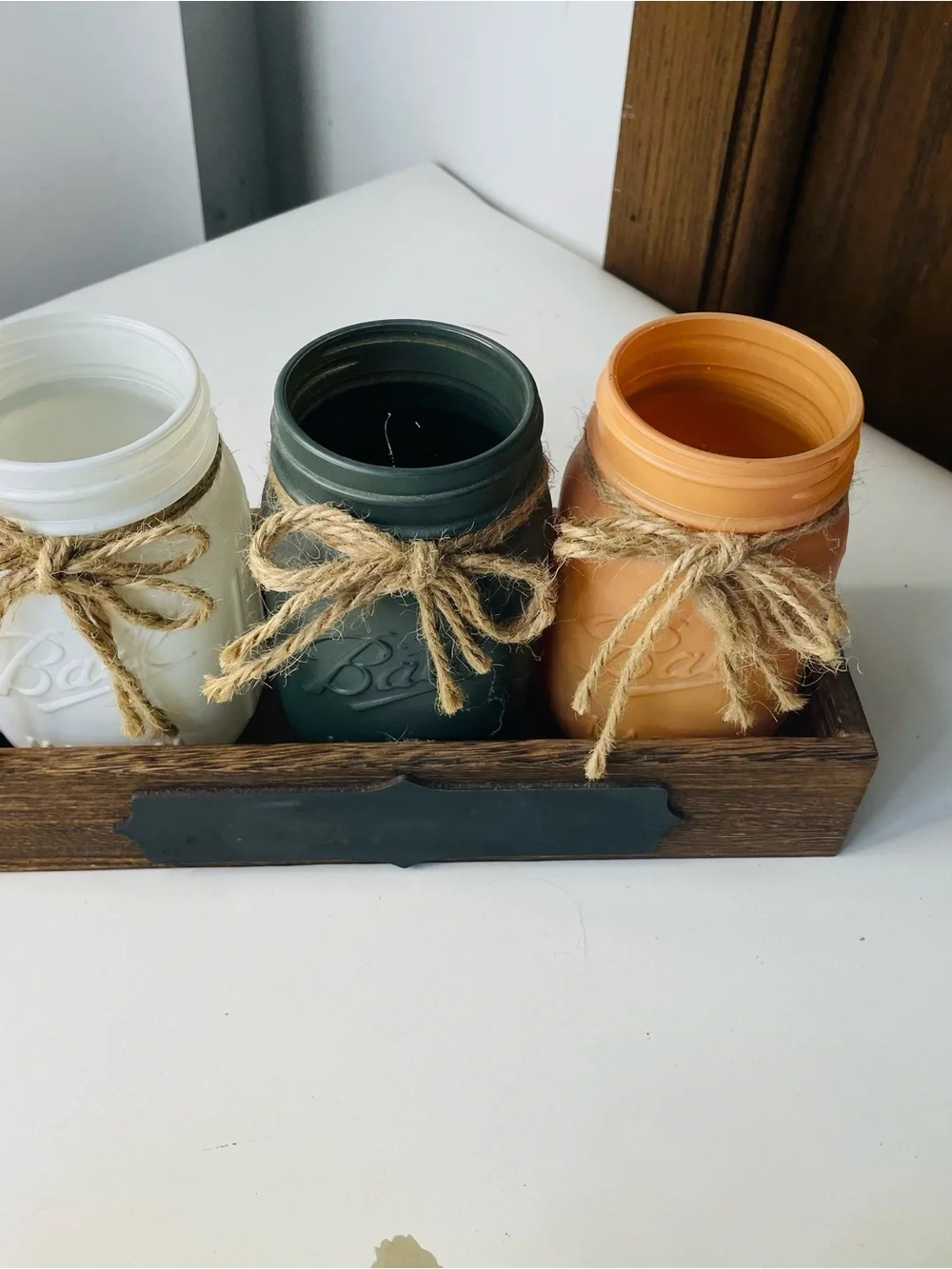 Mason Jar Trio Centerpiece with Cream Floral Accent Rustic Farmhouse